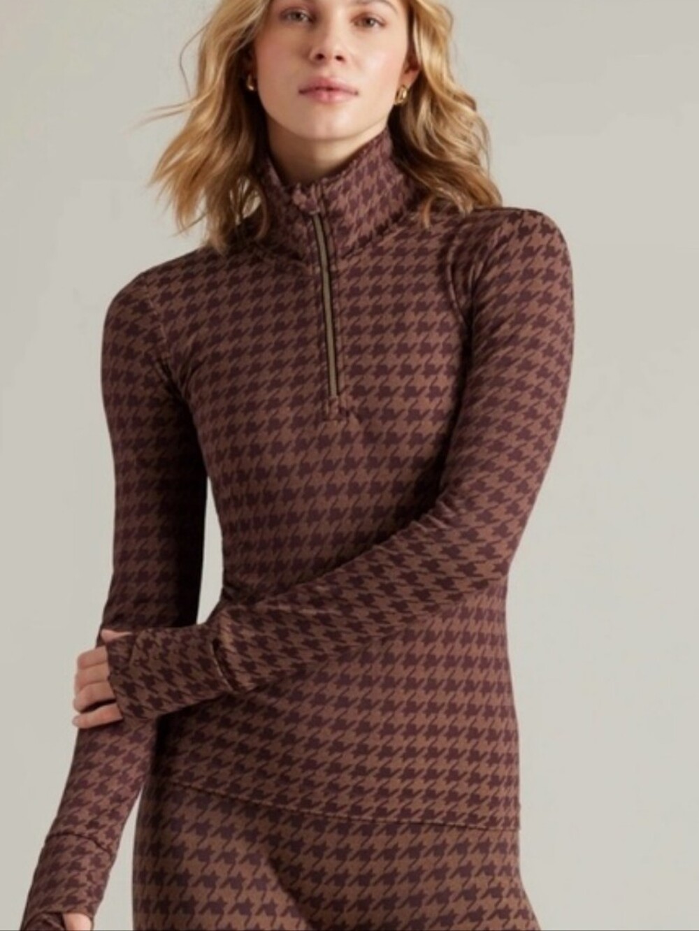 RHONE Houndstooth Seamless 1/4 Zip Brown Berry Size XS